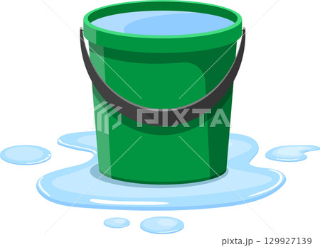 Green bucket filled with water and spilled onto the surface, creating puddles. Bright design. 129927139