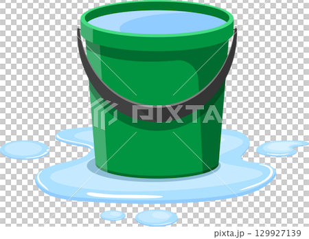 Green bucket filled with water and spilled onto the surface, creating puddles. Bright design. 129927139