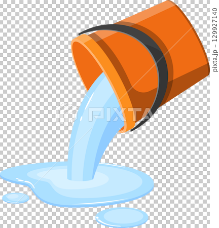 Orange bucket pouring water, creating a puddle on the surface, illustrating liquid and container 129927140