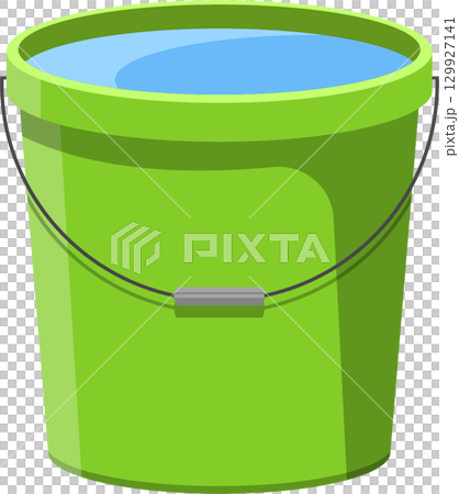 A green bucket filled with blue water, commonly used for cleaning, gardening, or household tasks. 129927141