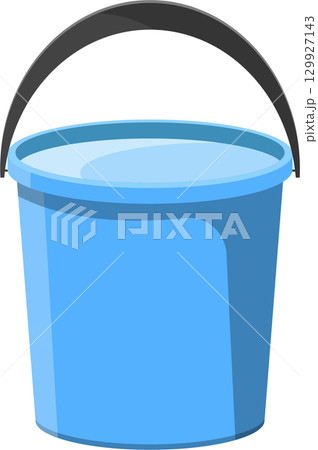 A light blue pail filled with water. The pail has a dark grey handle for carrying liquid. A light blue pail filled with water. The pail has a dark grey handle for carrying liquid. 129927143