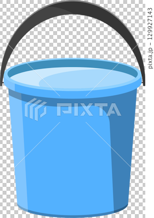 A light blue pail filled with water. The pail has a dark grey handle for carrying liquid. 129927143