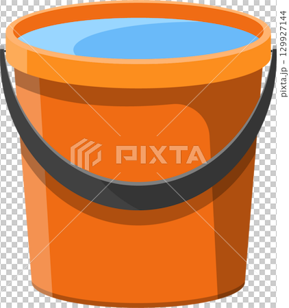 An orange bucket full of water, isolated against a black background, with a gray handle. 129927144