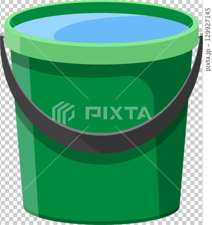 A green bucket filled with blue liquid, showcasing its utility for carrying or holding water. 129927145