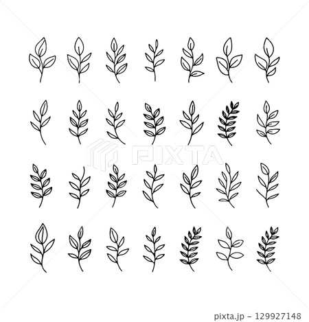 Various simple leaf designs arranged in a grid showcasing natural forms and outlines for artistic inspiration 129927148