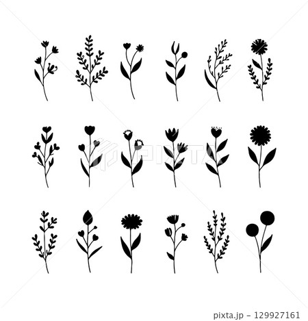 Whimsical Mini Flowers. A lively group of varied small flower icons with playful shapes and organic balance, ideal for fun and casual designs. 129927161