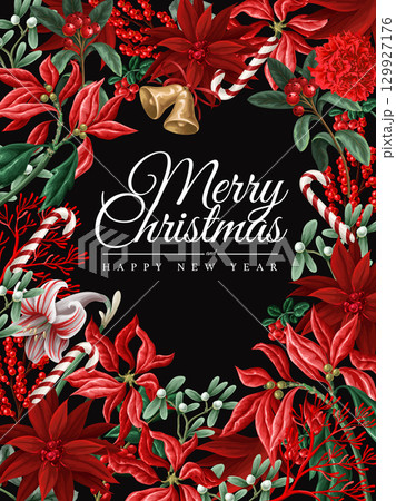Vector Christmas floral card set with red flowers and candy. Vector Christmas floral card set with red flowers and candy. 129927176