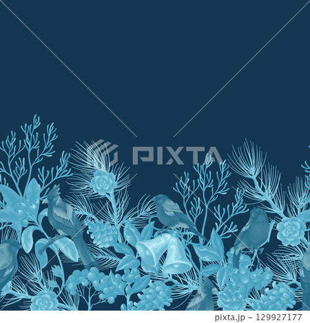 Elegant border in monochrome blue tones featuring birds, pine branches, fir cones, bells, berries, holly, and winter floral elements. Vector. Elegant border in monochrome blue tones featuring birds, pine branches, fir cones, bells, berries, holly, and winter floral elements. Vector. 129927177