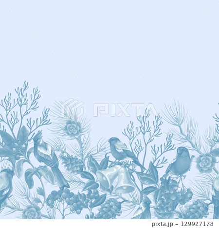 Elegant border in monochrome blue tones featuring birds, pine branches, fir cones, bells, berries, holly, and winter floral elements. Vector. 129927178