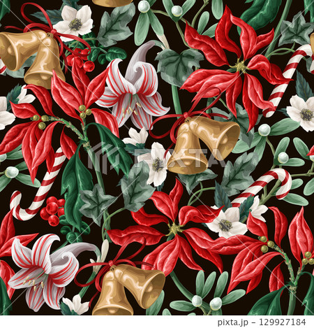 Vector seamless Christmas pattern with bells candy flowers leaves background. 129927184