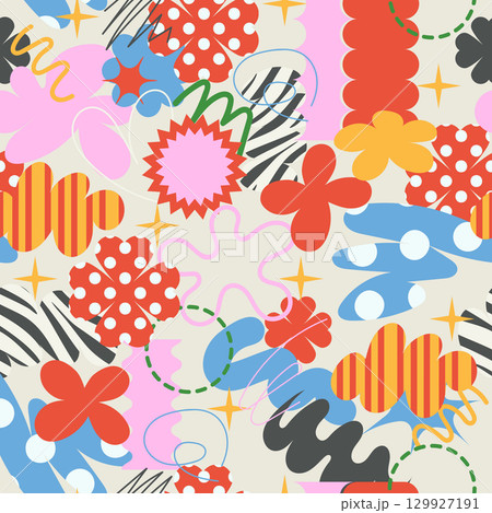 Seamless pattern with quirky doodle simple elements. Vector. 129927191
