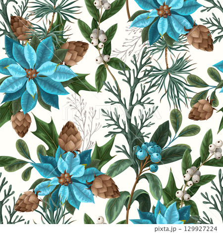 Seamless pattern with poinsettia, pines and hollyberries. Christmas background 129927224