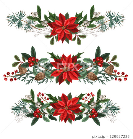 Bouquets with botanical berries, pines and leaves for Christmas design isolated. Bouquets with botanical berries, pines and leaves for Christmas design isolated. 129927225
