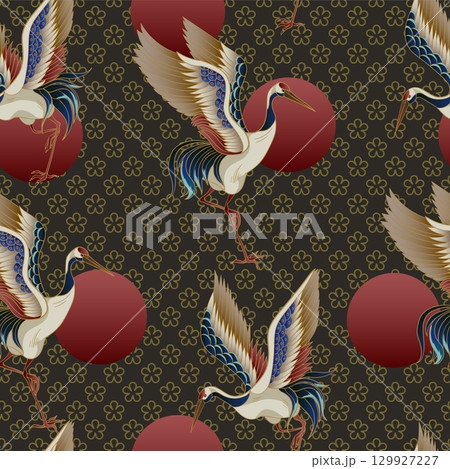 Seamless pattern with circles and cranes. Vector 129927227