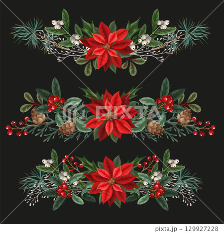 Bouquets with botanical berries, pines and leaves for Christmas design isolated. 129927228