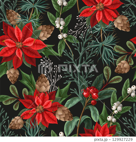 Seamless pattern with poinsettia, pines and hollyberries. Christmas background 129927229