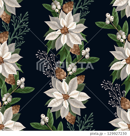 Seamless pattern with poinsettia, pines and hollyberries. Christmas background. 129927230