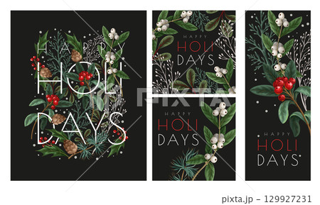 Christmas greeting card or poster with botanical berries, pines and leaves. 129927231