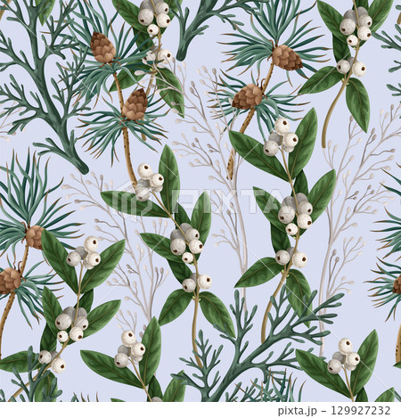 Seamless pattern with botanical pines and hollyberries. Christmas background. 129927232