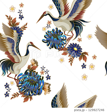Seamless pattern with mandarin ducks, flowers and cranes. Vector. 129927246