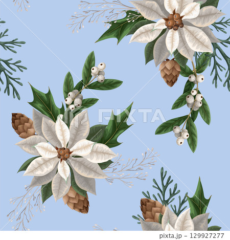 Seamless pattern with poinsettia, pines and hollyberries. Christmas background. 129927277