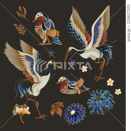 Mandarin ducks, flowers and cranes isolated. Vector. Mandarin ducks, flowers and cranes isolated. Vector. 129927325