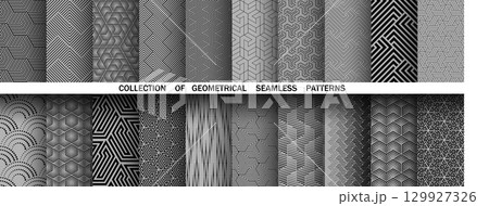 Geometric set of seamless black and gray patterns. Simple vector graphics 129927326
