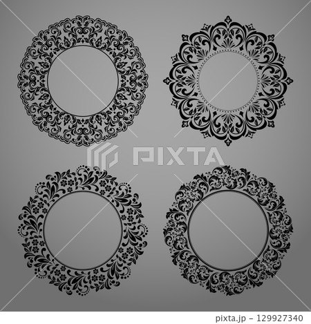 Set of decorative frames Elegant vector element for design in Eastern style, place for text. Floral black and gray borders. Lace illustration for invitations and greeting cards 129927340