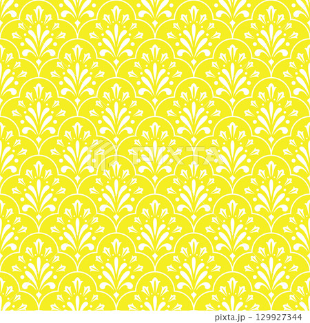 Flower geometric pattern. Seamless vector background. White and yellow ornament Flower geometric pattern. Seamless vector background. White and yellow ornament 129927344
