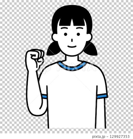 ガッツポーズをする体操着の女子学生 ガッツポーズをする体操着の女子学生 129927353