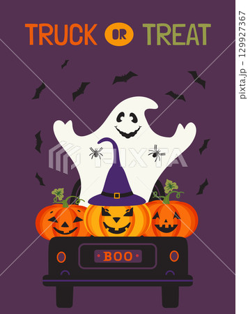 Halloween Spooky Truck or Treat Cute vector poster. Holiday truck with ghost, pumpkins, spider, bats scary characters cartoon design element illustration. Happy Halloween holiday fun event background Halloween Spooky Truck or Treat Cute vector poster. Holiday truck with ghost, pumpkins, spider, bats scary characters cartoon design element illustration. Happy Halloween holiday fun event background 129927367