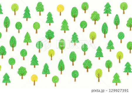 クレヨン手描きの木のシームレスパターン背景 クレヨン手描きの木のシームレスパターン背景 129927391