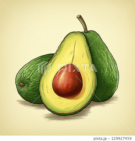Fresh Avocado Duo Half Cut and Whole Fruit on a Delightful Solid Color Background, Ready for Use 129927459