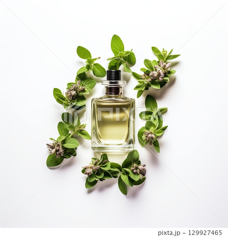 Small bottle of oregano essential oil with oregano leaves and flowers on white background 129927465