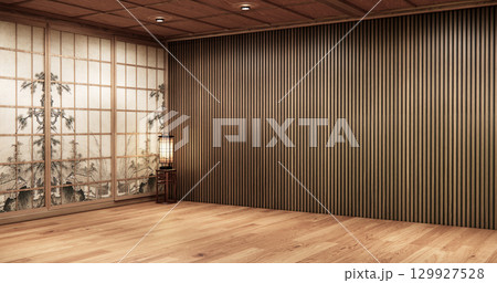 Architecture and interior concept Empty room and wood panels wall background 3D illustration rendering 129927528