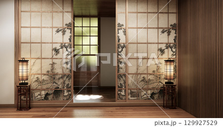 Architecture and interior concept Empty room and wood panels wall background 3D illustration rendering Architecture and interior concept Empty room and wood panels wall background 3D illustration rendering 129927529