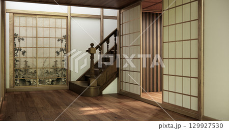 Japanese room with wooden stairs in old room is a traditional Japanese style design. 3D rendering. 129927530