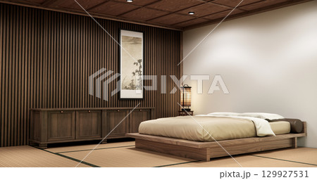 Japanese Minimalist Bedroom Interior with Wooden Wall Panels, Platform Bed, and Zen Lighting Design.3D rendering 129927531