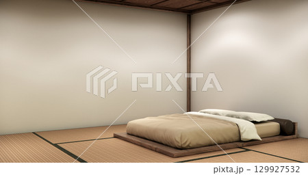 Japanese Minimalist Bedroom Interior with Wooden Wall Panels, Platform Bed, and Zen Lighting Design.3D rendering 129927532