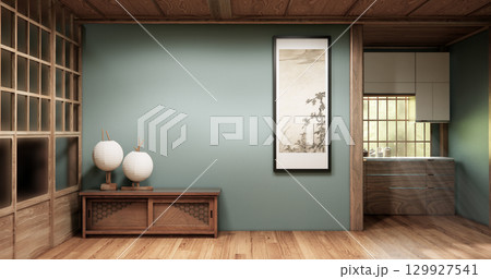 Mint room Minimalist Japanese interior with wooden elements and natural light through shoji doors. 3D rendering 129927541