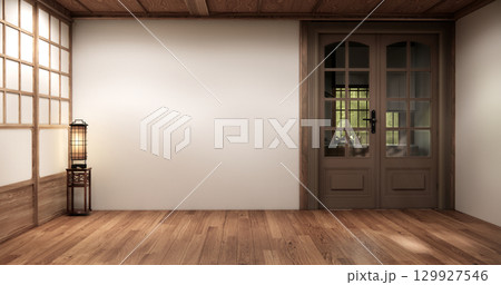 Architecture and interior concept Empty room and wood panels wall background 3D illustration rendering Architecture and interior concept Empty room and wood panels wall background 3D illustration rendering 129927546