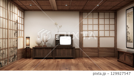 Wooden cabinet in Muji empty room, Japandi minimal designs. 3D rendering Wooden cabinet in Muji empty room, Japandi minimal designs. 3D rendering 129927547