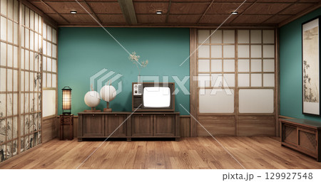 Mint room Minimalist Japanese interior with wooden elements and natural light through shoji doors. 3D rendering 129927548