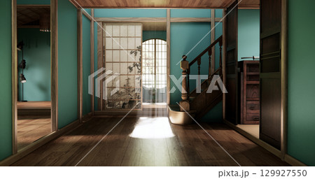 Mint room Minimalist Japanese interior with wooden elements and natural light through shoji doors. 3D rendering Mint room Minimalist Japanese interior with wooden elements and natural light through shoji doors. 3D rendering 129927550