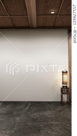 Architecture and interior concept Empty room wood docoration wall on granite floor. 3D illustration rendering 129927557