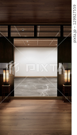 Architecture and interior concept Empty room wood docoration wall on granite floor. 3D illustration rendering 129927559
