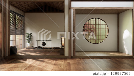 Circle window japan style on Empty room minimalist room interior, 3D rendering 129927563