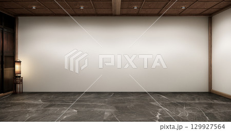 Architecture and interior concept Empty room wood docoration wall on granite floor. 3D illustration rendering 129927564