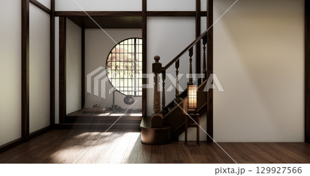 Japanese room with wooden stairs in old room is a traditional Japanese style design. 3D rendering. Japanese room with wooden stairs in old room is a traditional Japanese style design. 3D rendering. 129927566