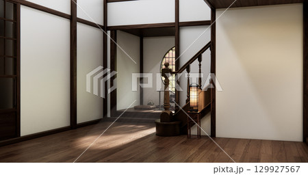 Japanese room with wooden stairs in old room is a traditional Japanese style design. 3D rendering. Japanese room with wooden stairs in old room is a traditional Japanese style design. 3D rendering. 129927567